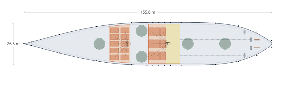 Waterline plan of the same hull: boiler rooms with uptakes, the engine room, and barbette positions below decks.