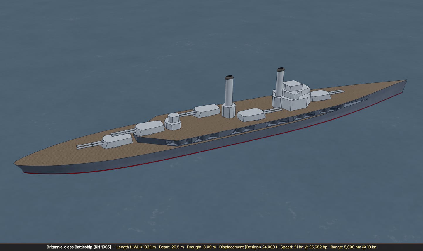 The Britannia-class battleship, a fictional Royal Navy design of 1905.