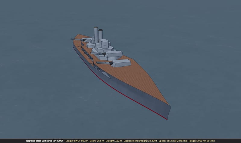 A Neptune-class battleship design of 1905 shown in the 3D viewer, with a caption bar giving its length, beam, draught, displacement, speed and range