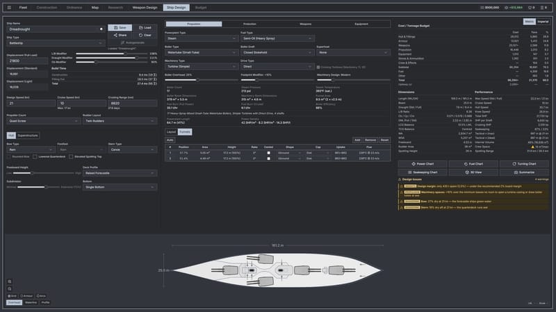 The ship designer in a dark interface theme, showing a dreadnought design with its cost and tonnage budget, dimensions and performance figures