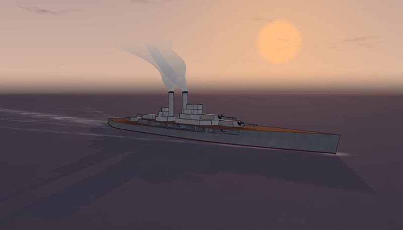 A battleship under way at sunset, seen from off the bow, smoke streaming aft from her two funnels