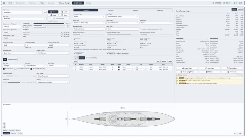 The ship designer shown in a light colour theme, with the propulsion panel open and the cost and tonnage budget listed alongside