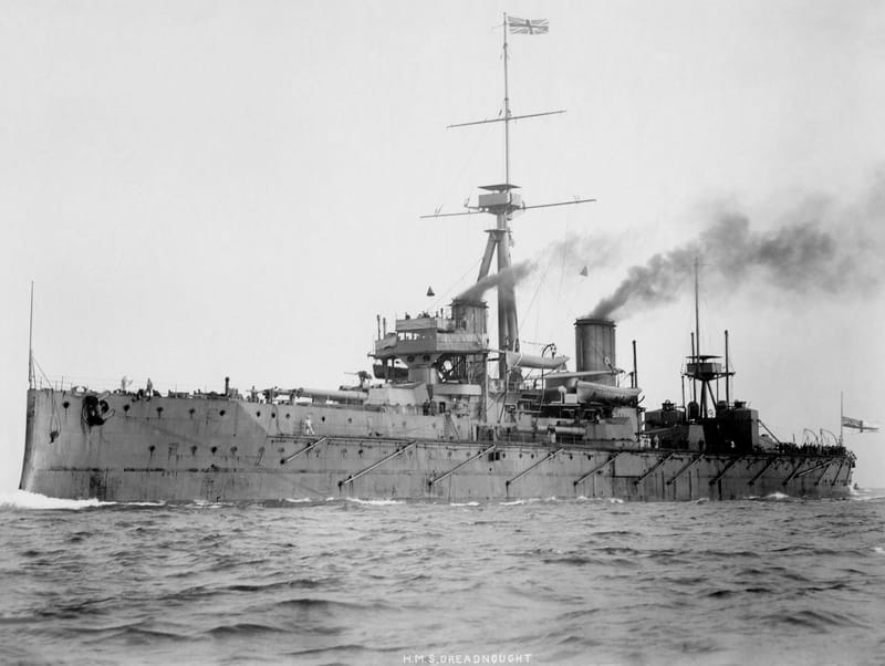 HMS Dreadnought, the Royal Navy's 1906 battleship, at sea