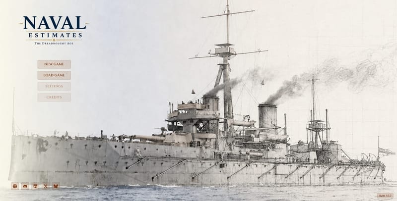 The Naval Estimates main menu, with New Game, Load Game, Settings and Credits options set over a blueprint-to-photograph illustration of a dreadnought at sea
