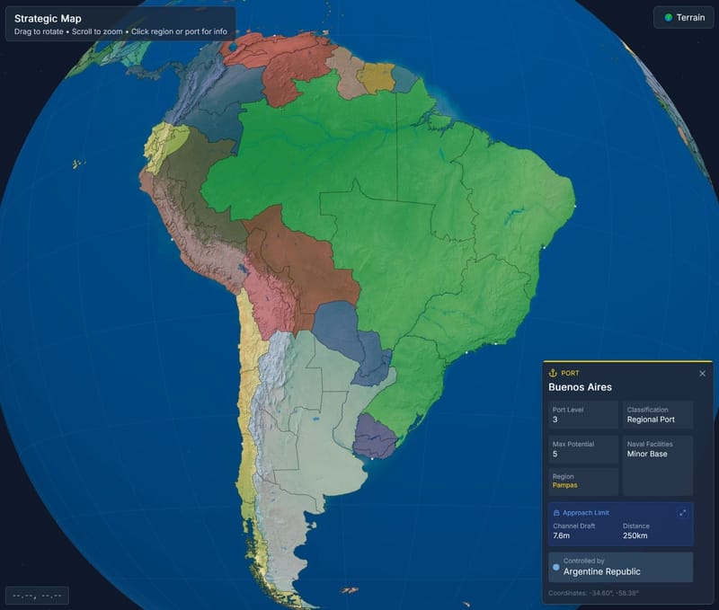The strategic map of South America, with the port of Buenos Aires selected