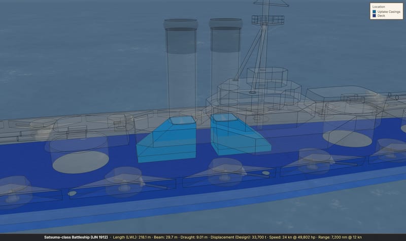 The armour zone view of a fictional Satsuma-class battleship of 1912, the hull drawn transparent with the armoured deck shaded blue and the two new uptake casings picked out in cyan