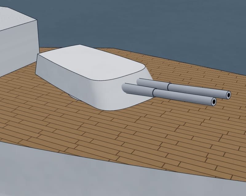 A twin 12-inch turret trained out over a warship's deck, shown in the game's 3D viewer