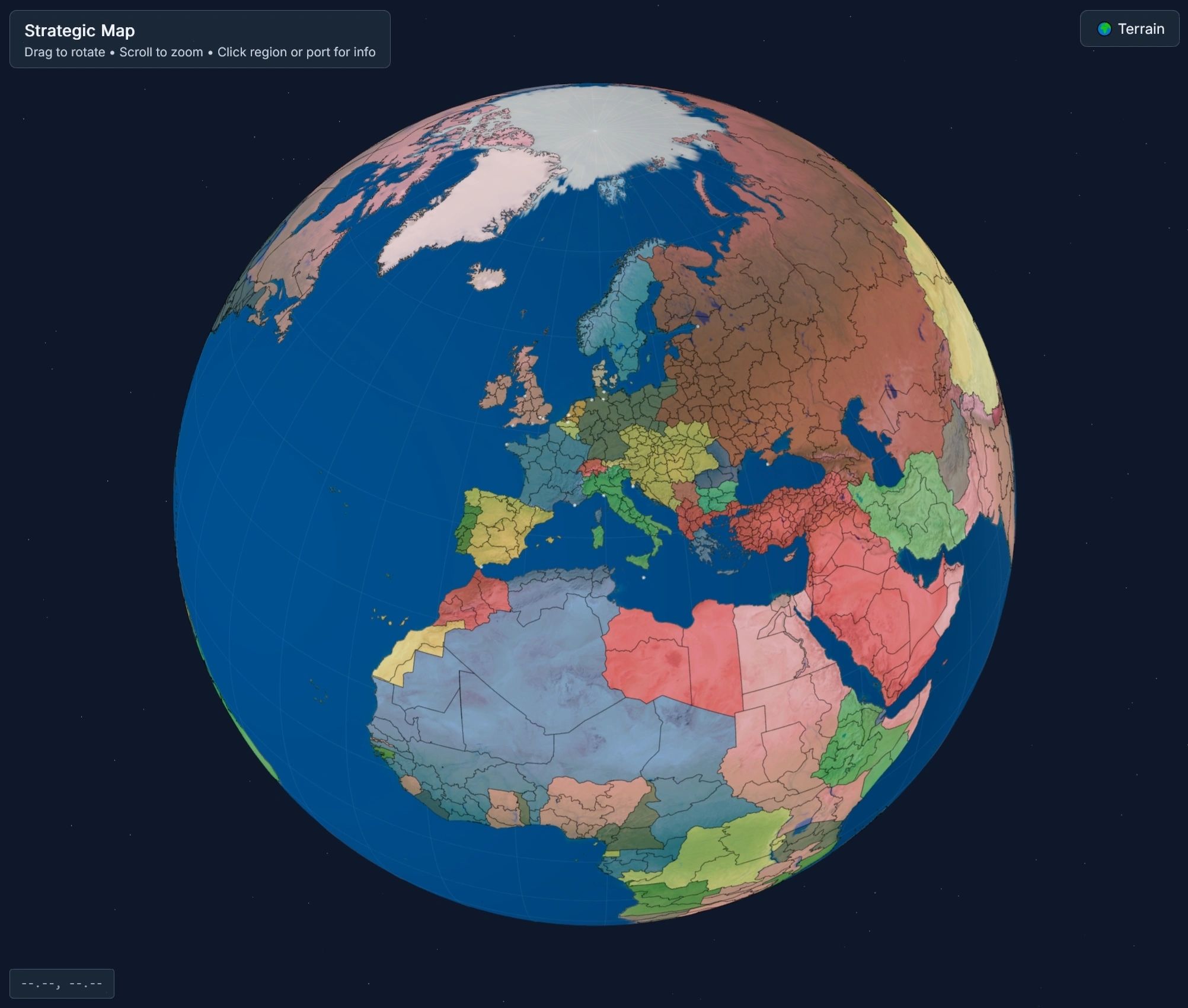 The in-game strategic map, a globe centred on Europe