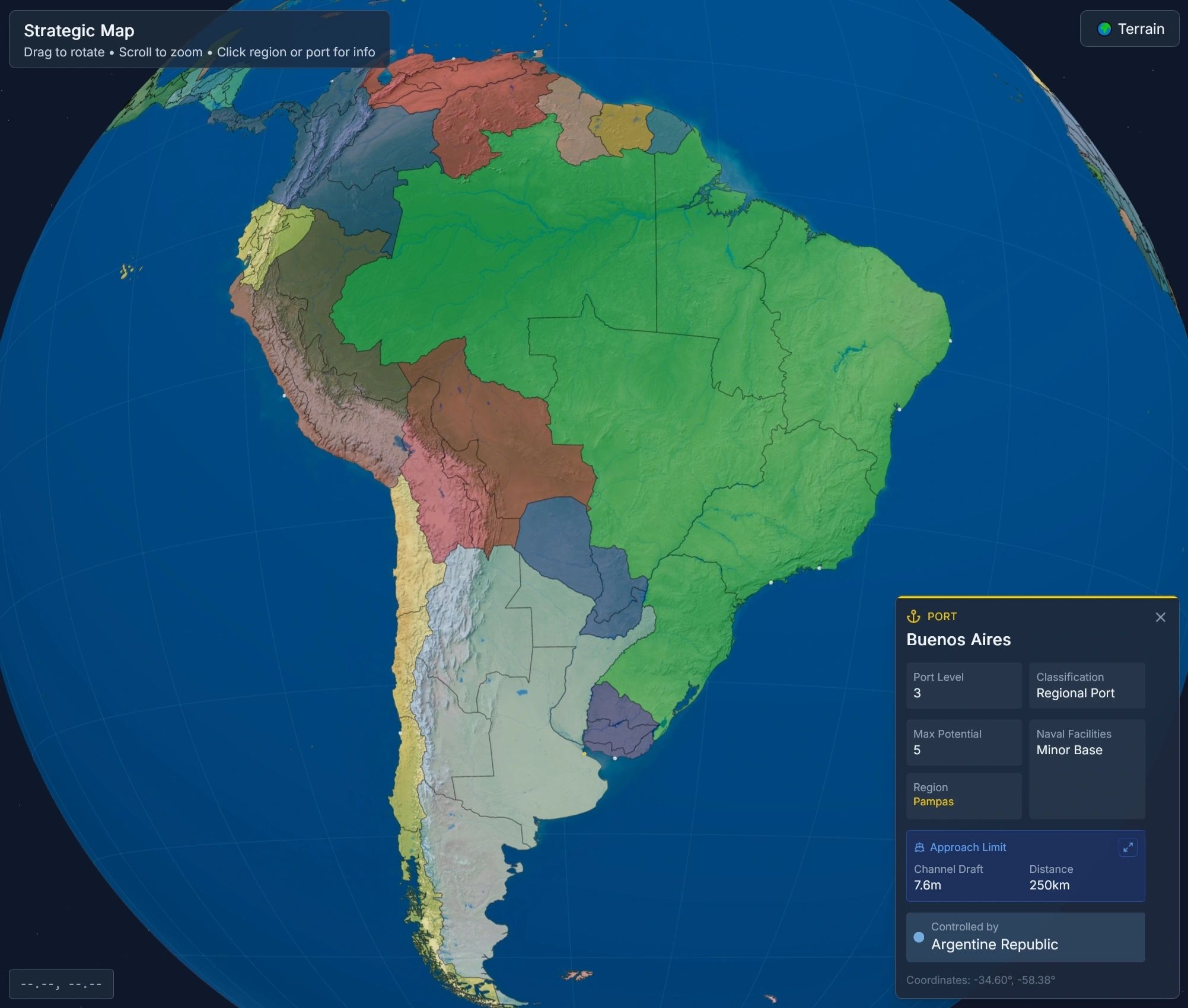 The strategic map of South America, with the port of Buenos Aires selected.