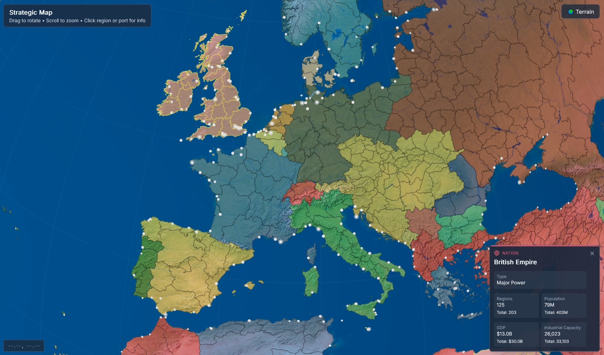 The strategic map of Europe, with the British Empire's economy panel open.