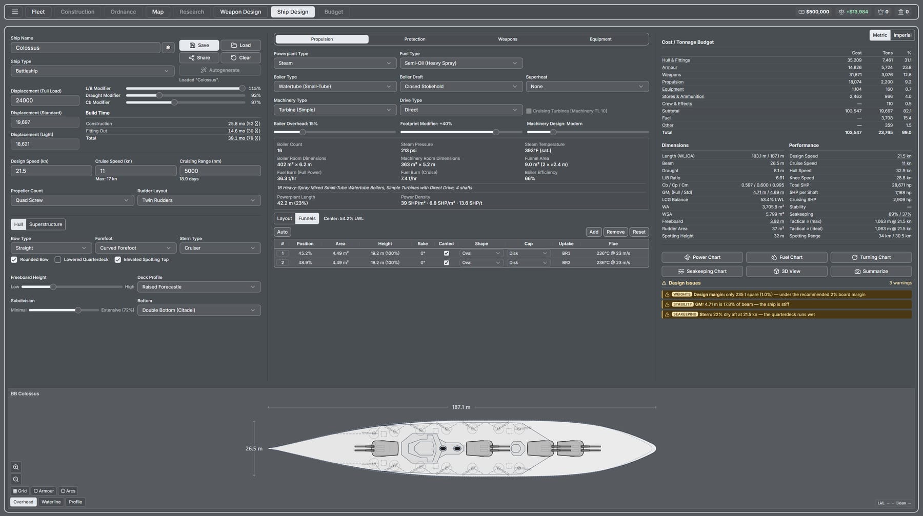 The ship designer in a dark colour theme, the same propulsion panel and budget shown against a dark background