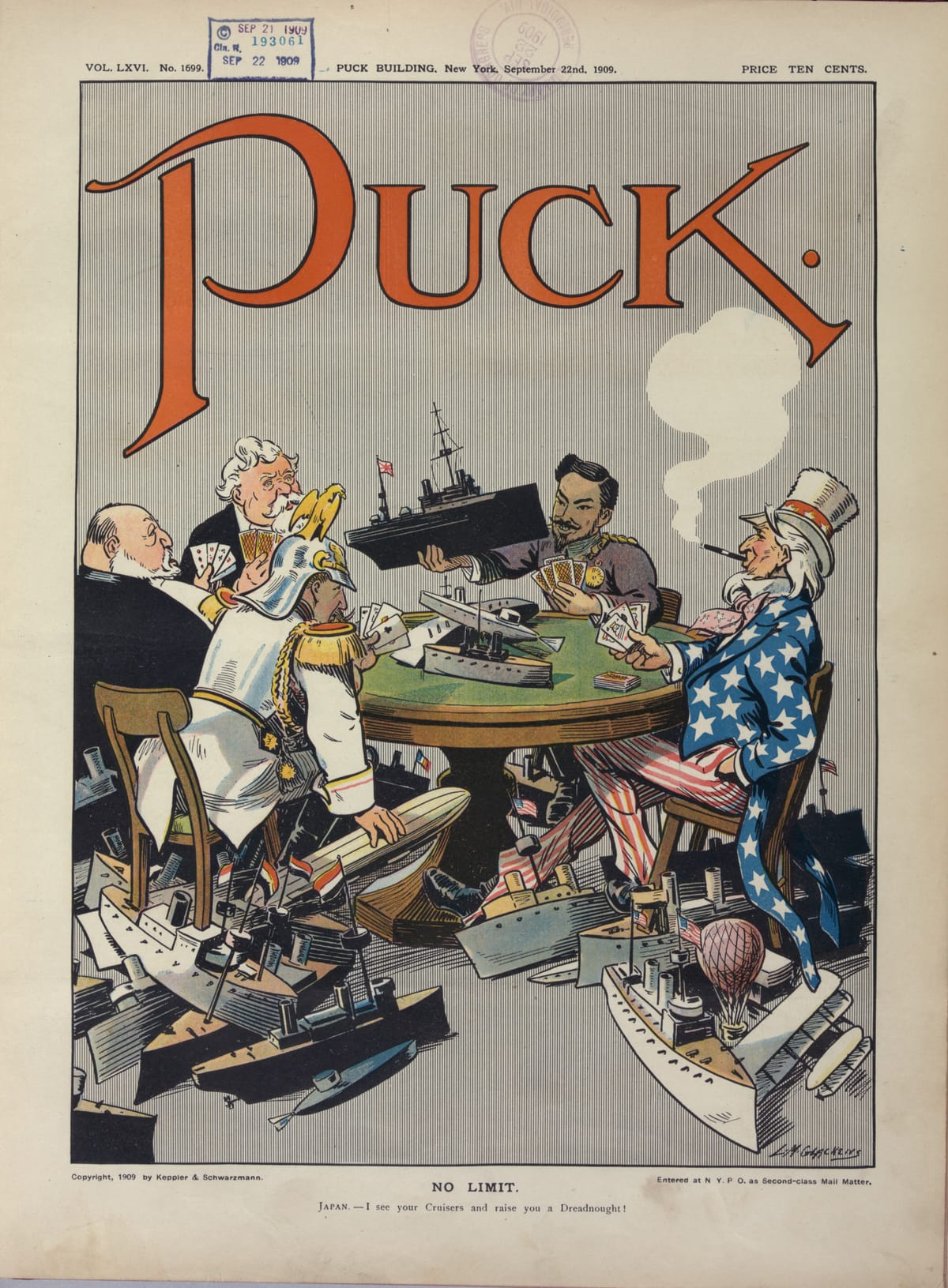 No Limit - a Puck cartoon from September 1909 showing five naval powers at a poker table, with Japan raising the bid by a dreadnought