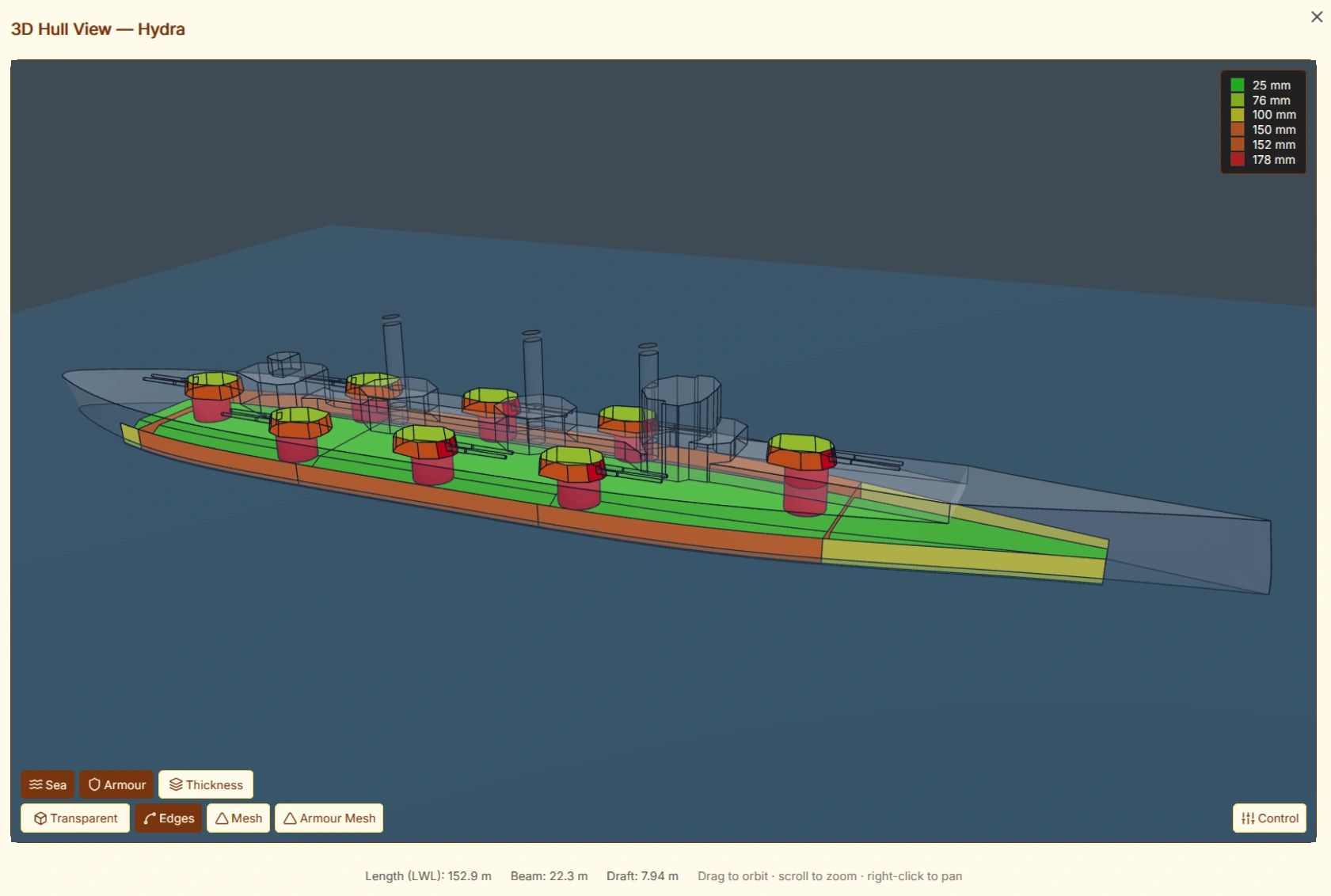 Armour thickness mapped across the hull in the 3D viewer.