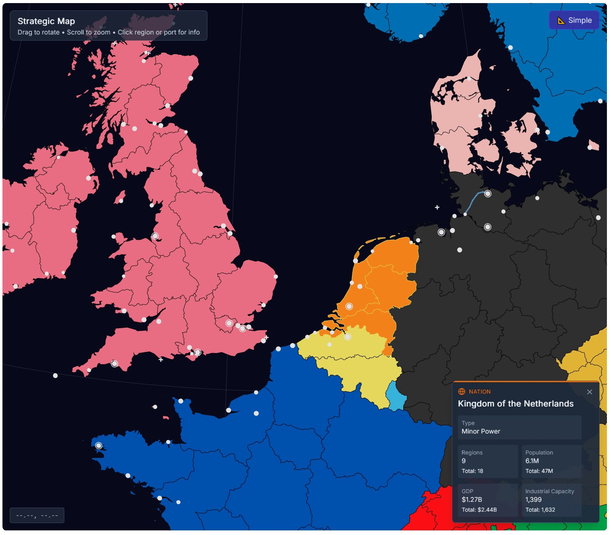 Nation overview on the strategic map - the Kingdom of the Netherlands, a minor power.