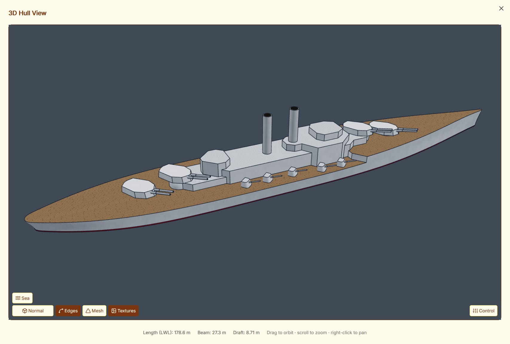 A completed dreadnought in the 3D hull viewer.