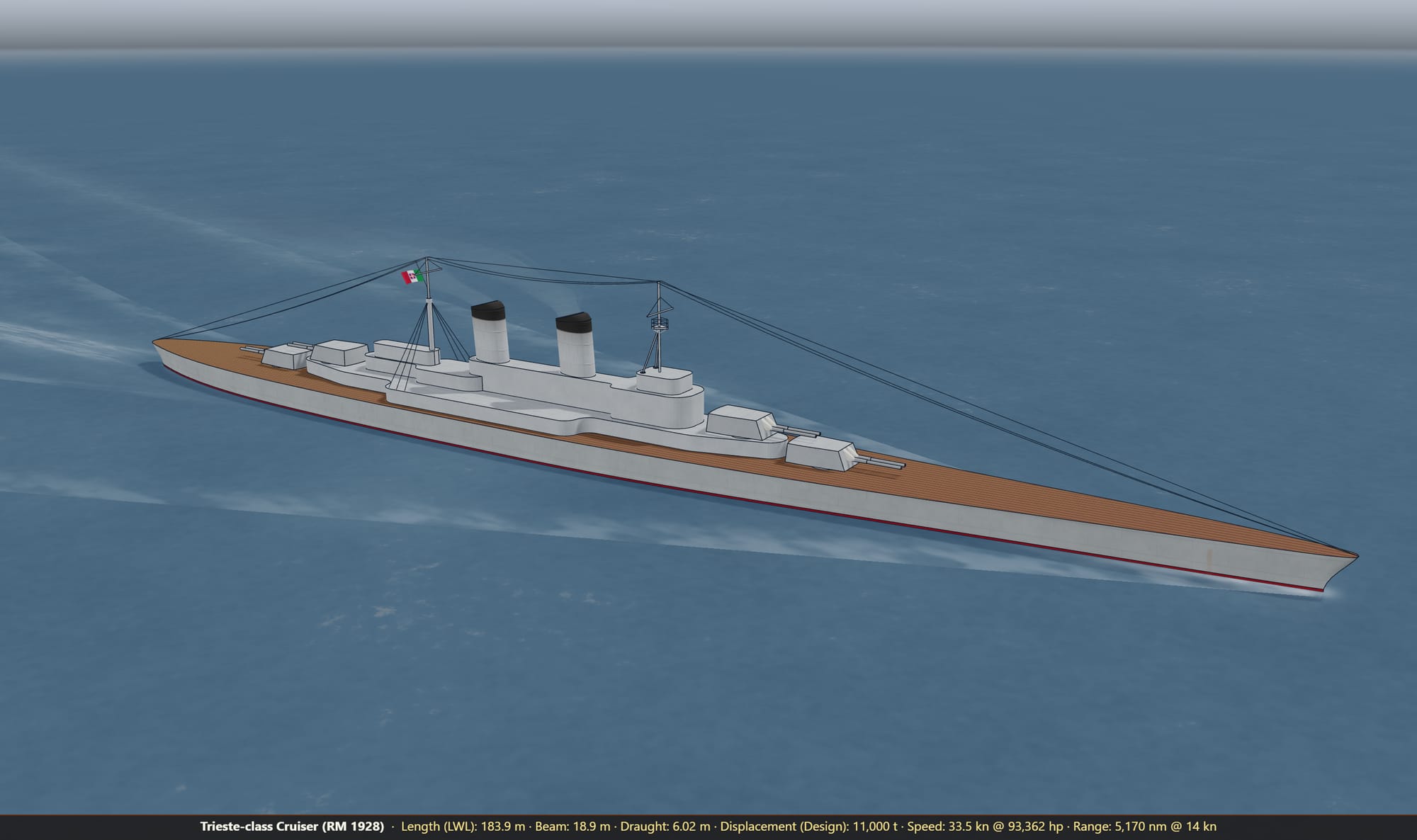The Trieste-class cruiser, a fictional Italian design of 1928, showing the textured plating in the 3D viewer.