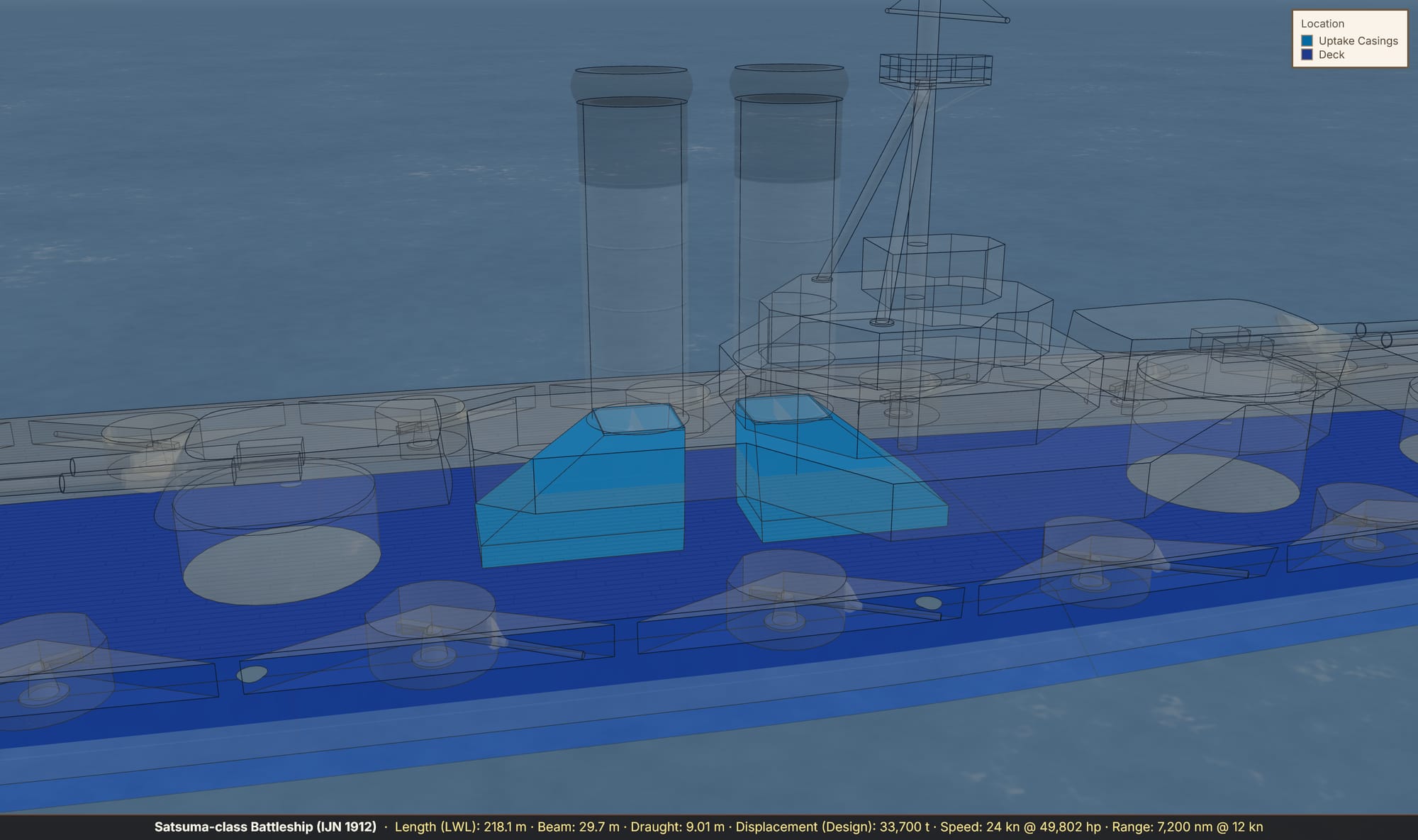The armour zone view of a fictional Satsuma-class battleship of 1912, with the uptake casings picked out above the armoured deck.