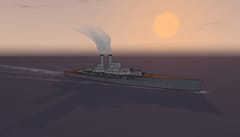 A fictional battleship under way at sunset, seen from off the bow.