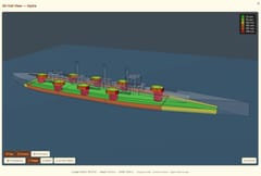 Armour thickness mapped across the hull in the 3D viewer.