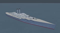 A fictional battleship design seen from ahead quartering in the 3D hull viewer.