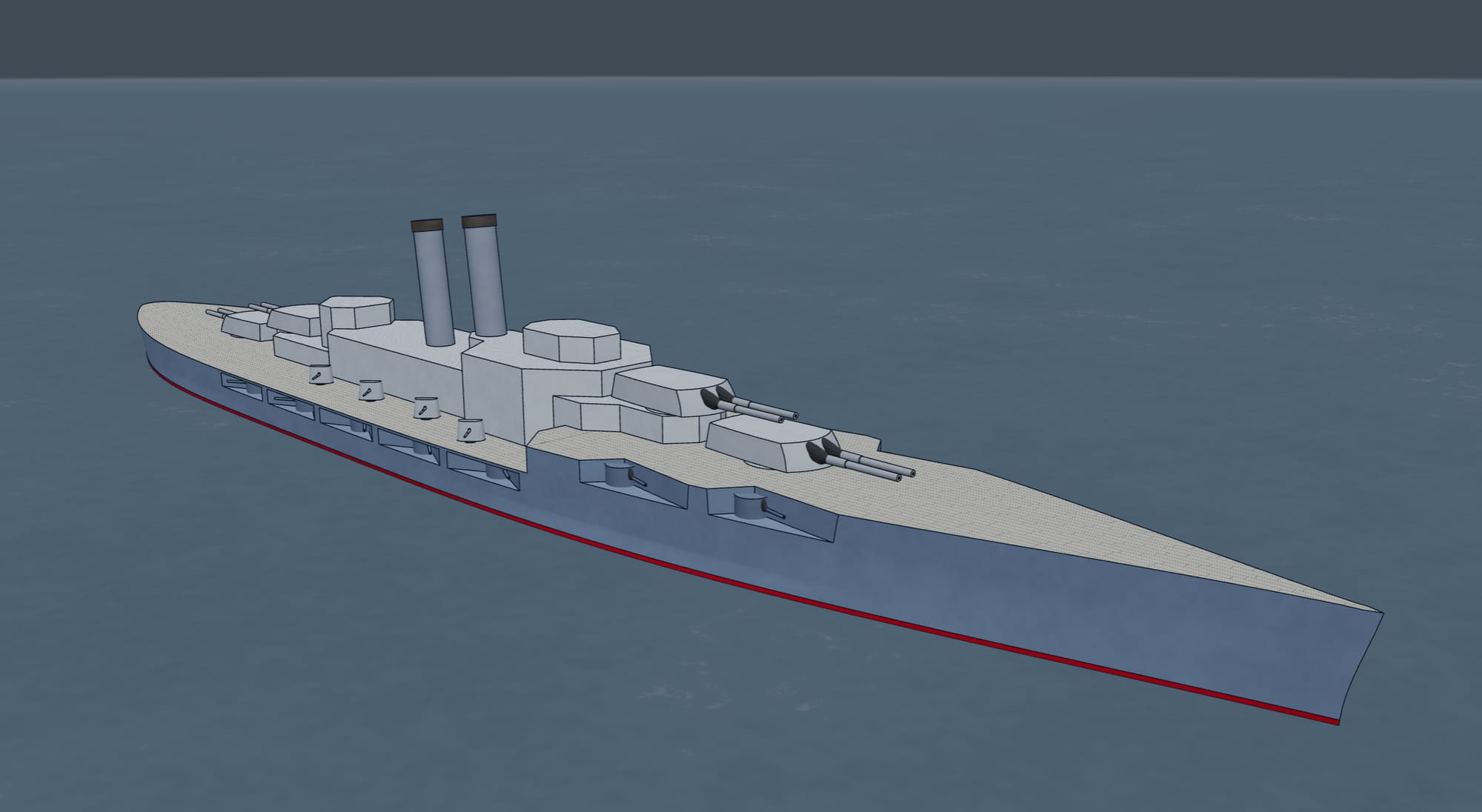 A fictional battleship design seen from ahead quartering in the 3D hull viewer.